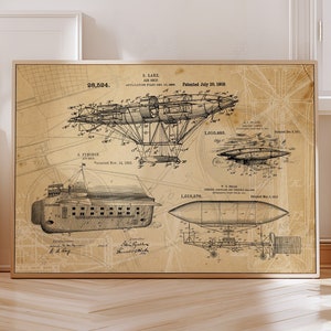 Steampunk Poster Vintage Luftschiff Patent Druck für Dark Academia Wissenschaft Dekor oder Techniker Geschenk Quirky Ballon Wand Kunst Neue Wohnung Geschenk