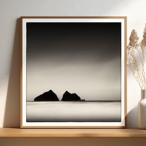 Minimalist Art Cornwall Coastal Print Long Exposure Moody Seascape Photo Square Wall Art Black and White Fine Art Photography Cornish Coast