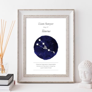 Impresión personalizada del zodiaco, Carta estelar de Tauro, Regalo de cumpleaños del zodiaco, Regalo personalizado del zodiaco, Carta estelar de astrología
