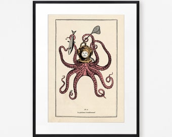 Könnte beinhalten: Eine Vintage-Illustration eines rosa Kraken, der einen Taucherhelm trägt und einen Fisch hält. Die Illustration trägt den Titel "Le pêcheur traditionnel" und ist auf cremefarbenem Hintergrund gedruckt.