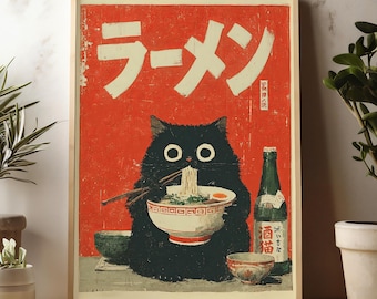 Japanese Retro Black Cat Art Poster, Midcentury Style Ramen Noodle Print for Quirky Kitchen Decor, Whimsical Cat Lovers Gift Idea