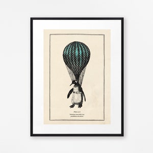 Vintage Penguin Print Funny Ballooning Wall Art Surreal Humour Print Vintage Gothic Art Steampunk Bathroom Wall Print