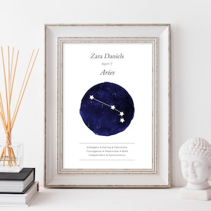 Impresión personalizada del zodiaco Carta estelar de Aries Regalo de cumpleaños del zodiaco Regalo personalizado del zodiaco Carta estelar de astrología