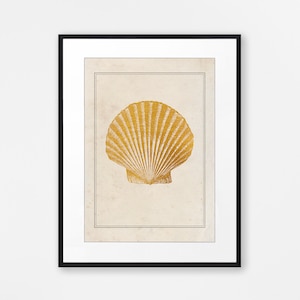 Puede incluir: Una ilustración de concha dorada sobre un fondo crema con un marco negro.