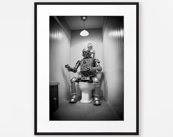 Robot Art Print, Funny Toilet Print, Bathroom Wall Art, Sci-Fi Art, Funny Robot, Quirky Home Decor, Black and White Print