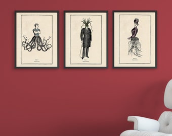 Conjunto de láminas surrealistas góticas de H. P. Lovecraft, conjunto de 3 láminas, lámina vintage de pulpo, conjunto de láminas steampunk