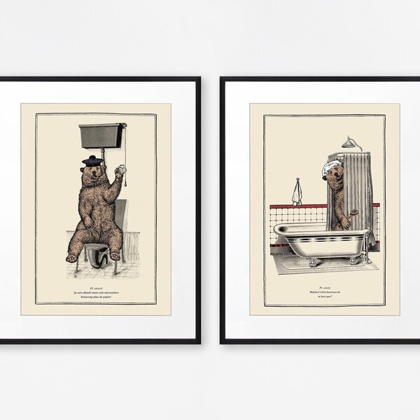 Grappige beer prints badkamer prints schattige dierenprints surrealistische kunst badkamer decor eclectisch decor, vintage kunst