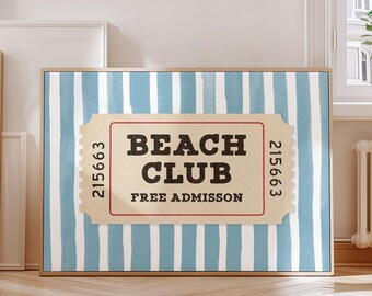 Retro Beach Decor Ticket Print in Blue and White, Seaside Vibes Gift, Beach House Wall Art