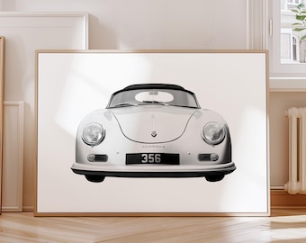 Póster de Porsche clásico para pared, lámina de coche antiguo para decoración automotriz, regalo para entusiastas o amantes de los coches, póster de coche deportivo en blanco y negro.