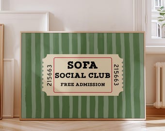 Above Couch Wall Art Ticket Print for Homebody Decor, Sofa Club Poster for Retro Cosycore Aesthetic,  Quirky Interior Funky Artwork