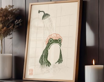 Funny Frog Shower Print, Vintage Japanese Style Frog Wall Art, Whimsical Bathroom Decor, Cottagecore Bathroom Poster