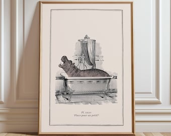 Fun Bathroom Gift New Home Wall Art Eclectic Decor Kids Bathroom Idea Vintage Print Hippo in Bathtub Vintage Surreal Animal Quirky Bathroom