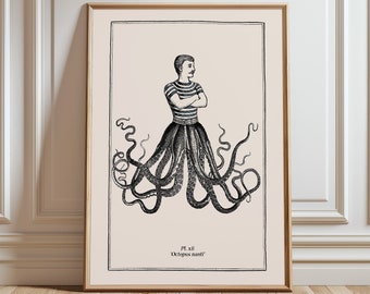 Vintage Surreal Print H P Lovecraft Art Vintage Octopus Print Steampunk Wall Print Gothic Style Art Print