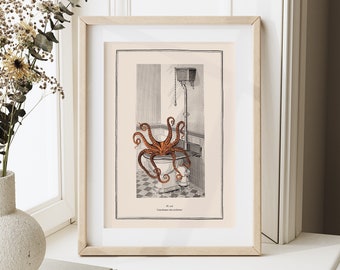 Bathroom Octopus Octopus Wall Art Funny Octopus Print Funny Toilet Print Bathroom Decor Vintage Surreal Vintage Horror