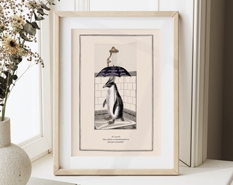 Funny Rockhopper Penguin Art Bathroom Wall Art Shower Room Print Vintage Surreal Print Funny Animal Art Bathroom Print