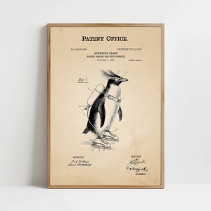 Puede incluir: Una ilustración en blanco y negro de un pingüino con patines de cohete. El dibujo de la patente se titula "Patines de cohete para pingüino de pecho" e incluye el número de patente 1.818.548 y la fecha 7 de julio de 1928.