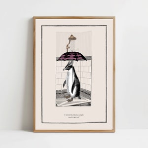 May include: A black and white penguin with a purple and white umbrella over its head standing in a tiled shower with a shower head above. The text below the penguin reads "A bath in this fabulous simply mustn't get wet!"