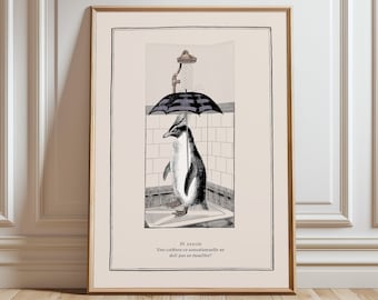 Funny Rockhopper Penguin Art Bathroom Wall Art Shower Room Print Vintage Surreal Print Funny Animal Art Bathroom Print