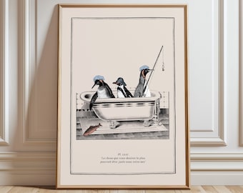 Cute Penguins Print Bathroom Print Vintage Surreal Funny Animals Art Funny Penguin Print Quirky Bathroom Art
