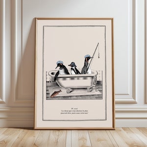 Impresión de pingüinos lindos Impresión de baño Arte vintage de animales divertidos y surrealistas Impresión divertida de pingüinos Arte de baño peculiar