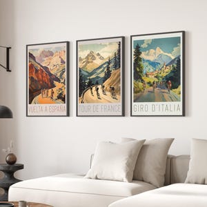 Póster de ciclismo vintage, impresión del Tour de Francia, arte de pared de carreras de bicicletas, juego de regalo de ciclismo, 3 piezas, arte deportivo retro, Giro de Italia, Vuelta a España, decoración de bicicletas