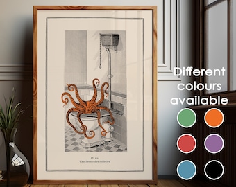 Bathroom Octopus Wall Art Funny Toilet Poster for Vintage Bathroom Quirky Steampunk Decor Surreal Vintage Horror Kraken Print