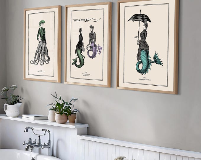 Mermaid Decor Wall Art Set of 3 Steampunk Art Prints Gothic Decor Teen Girl Mermaidcore Gift Vintage Surreal Decor Fashion Illustration