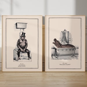 Lustige Tierdruck-Set Badezimmer Wandkunst Vintage Badezimmer surreale Collage Affe Toilettendruck Nilpferd in der Badewanne Wunderliches Tier Geschenk für ein neues Zuhause