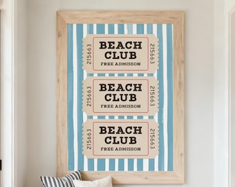 Beach Club Wall Art Print - Retro Ticket Design for Seaside Decor, Beach Lover Gift, Vintage Beach House Artwork