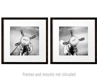 Bathroom Wall Art Square Prints Set of 2 Prints Black and White Photo Bathroom Prints Hot and Cold Taps, Vintage Taps, Bathroom Decor