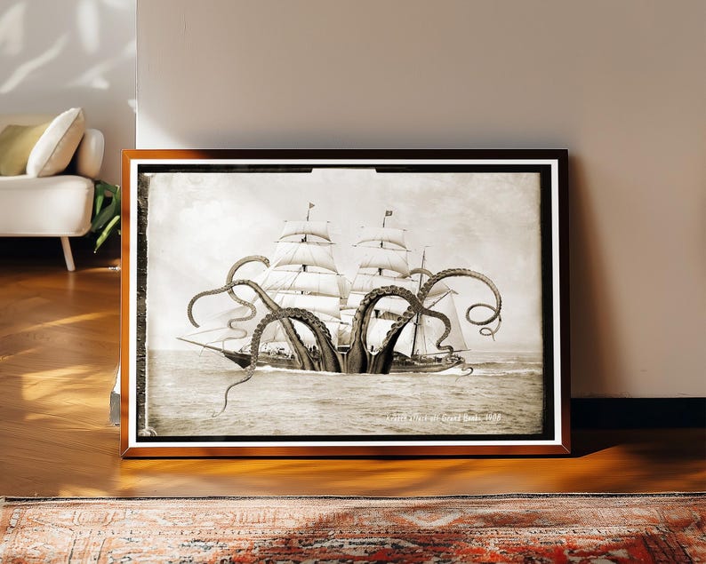 Eigenzinnige vintage nautische muurafdrukken set voor zeildecoratie grappige octopus kunst zeemonsters zwart wit surrealistische foto's grillig oceaanthema afbeelding 5