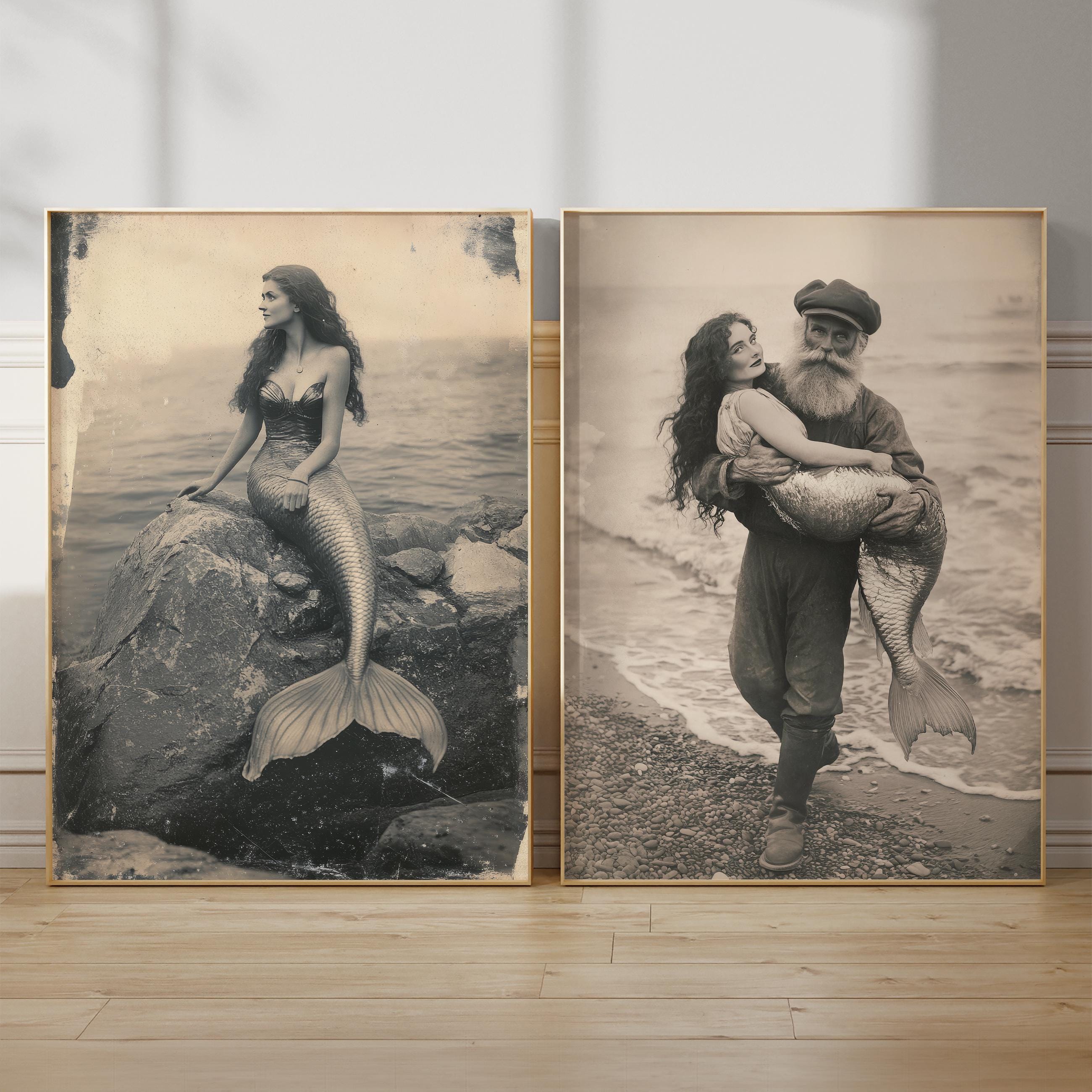 Mermaid Art Set of 2 Prints for Quirky Vintage Decor Ideas for Eclectic Interior Vintage Mythical Creature Wall Art for Girl Room Decor