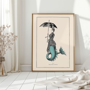 Vintage Style Mermaid Print Idea for Gothic Room Decor Mermaidcore Wall Art for Bathroom Steampunk Poster Powder Room Teal Accent image 7