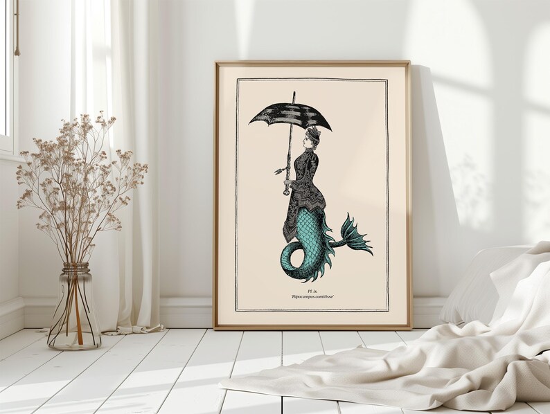 Vintage Style Mermaid Print Idea for Gothic Room Decor Mermaidcore Wall Art for Bathroom Steampunk Poster Powder Room Teal Accent image 7
