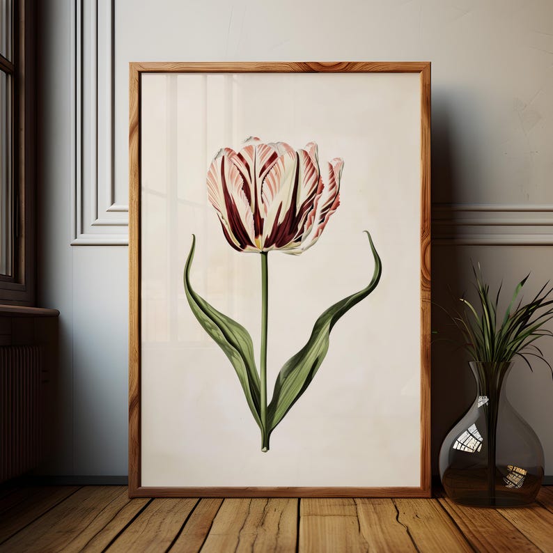Botanisk väggkonst Vintage tulpantryck Vårdekoration Vardagsrumsinredning oramad Rosa Röd Blomma Naturkonst Sovrum Heminredning Blommor bild 4