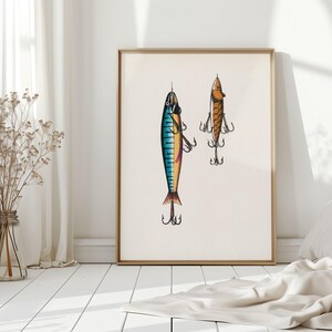May include: A framed print featuring two detailed illustrations of fishing lures. One lure is blue, yellow, and pink, while the other is orange. Both lures have multiple hooks and are set against a cream-colored background.