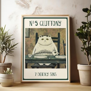 Medieval Style Cat Art Whimsical Gothic Print Kitchen Wall Decor Dining Room Accent Unique Animal Portrait Gallery Wall Piece White Cat Design Fish Theme Artwork Home Decoration Perfect Gift Cat Lover Collection
