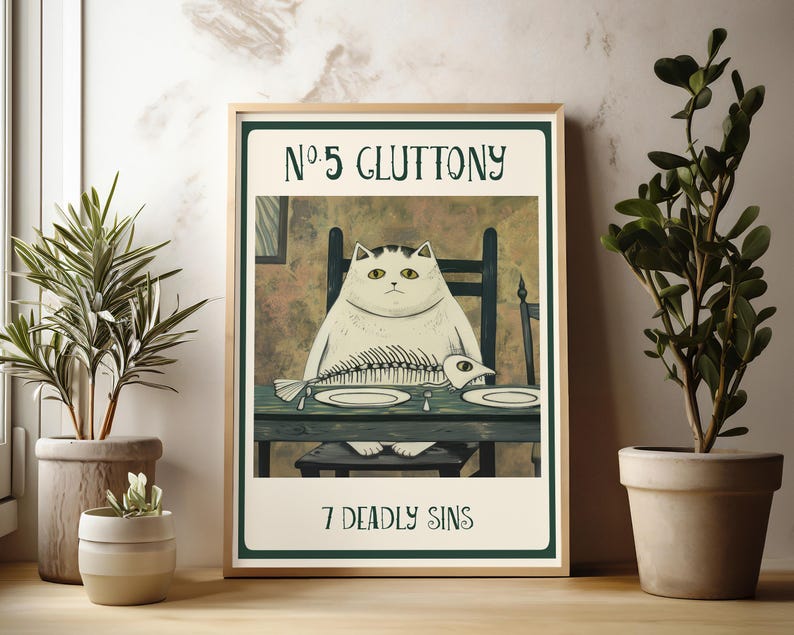 Medieval Style Cat Art Whimsical Gothic Print Kitchen Wall Decor Dining Room Accent Unique Animal Portrait Gallery Wall Piece White Cat Design Fish Theme Artwork Home Decoration Perfect Gift Cat Lover Collection