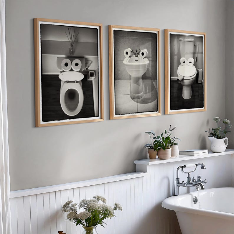 Bathroom Wall Art for Toilet Print Set of 3 Funny Black and White Photo ...