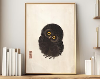 Japanese Art Wood Block Print of Adorable Owl – Cute Japandi Wall Art for Nursery Decor or Baby Shower Gift