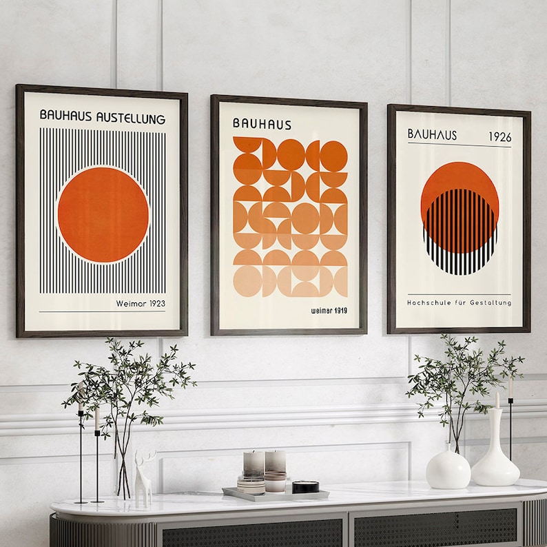 Bauhaus-poster Afficheset Orange väggkonst Minimalistisk väggkonst Konst från mitten av århundradet Bauhaus-tryck Abstrakt konst Bauhaus-tryckset bild 2