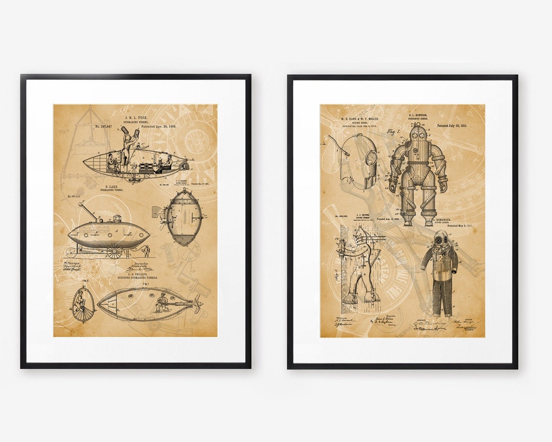 Pair of Underwater Patent Design Prints Bathroom Wall Art Set Steampunk ...