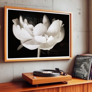 May include: A framed black and white floral print hangs above a wooden record player. A stack of vinyl records sits to the right. The room has a modern, minimalist aesthetic with an orange lamp.