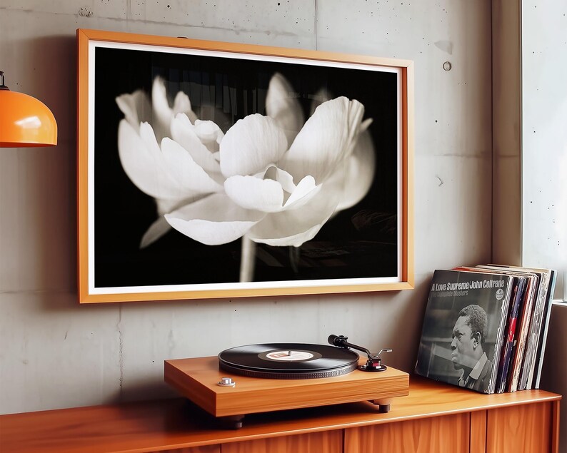 May include: A framed black and white floral print hangs above a wooden record player. A stack of vinyl records sits to the right. The room has a modern, minimalist aesthetic with an orange lamp.