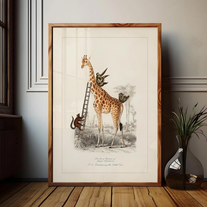 May include: A framed print featuring a giraffe with a ladder, monkeys, and sloths. The giraffe has brown spots and is standing in a savanna scene. The print has text at the bottom: "The Secret Business of Jungle Scholars". The frame is made of wood.