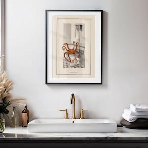 Puede incluir: Una impresi&oacute;n enmarcada en negro de un pulpo sentado en un inodoro. La impresi&oacute;n est&aacute; colgada en una pared blanca sobre un lavabo de porcelana blanca con grifos dorados.