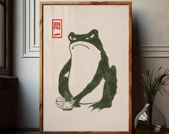 Japanese Frog Wood Block Print for Minimalist Wabi Sabi Decor, Traditional Ukiyo-e Art of Japan, Whimsical Animal Artwork