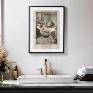 Coastal Bathroom Decor Vintage Mermaid Print Pink Tail Design Beach House Wall Art Nautical Home Collection Victorian Style Photography Sepia Tone Aesthetic Classic Bathroom Art Beautiful Ocean Theme Elegant Wall Display Essential Decor