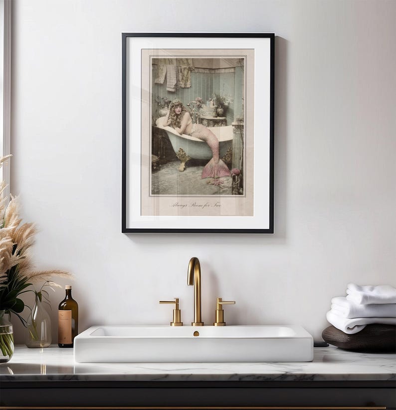 Coastal Bathroom Decor Vintage Mermaid Print Pink Tail Design Beach House Wall Art Nautical Home Collection Victorian Style Photography Sepia Tone Aesthetic Classic Bathroom Art Beautiful Ocean Theme Elegant Wall Display Essential Decor
