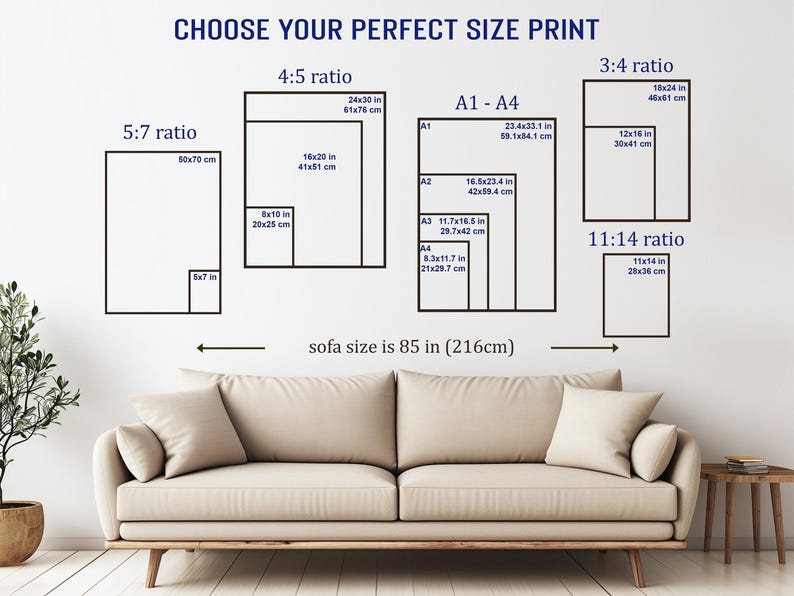 May include: Image showing print size options with dimensions in inches and centimeters. Includes 5:7, 4:5, 3:4, and 11:14 ratios, plus A1-A4 sizes. Text reads "CHOOSE YOUR PERFECT SIZE PRINT" and "sofa size is 85 in (216cm)". A beige sofa is in the foreground.